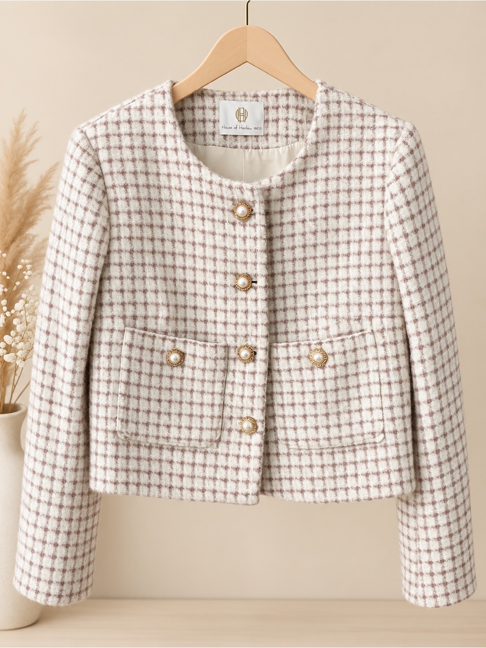 House of Harlow 1960 Tweed Cropped Jacket – Cream Pink Plaid ✨ - Picture 2 of 5